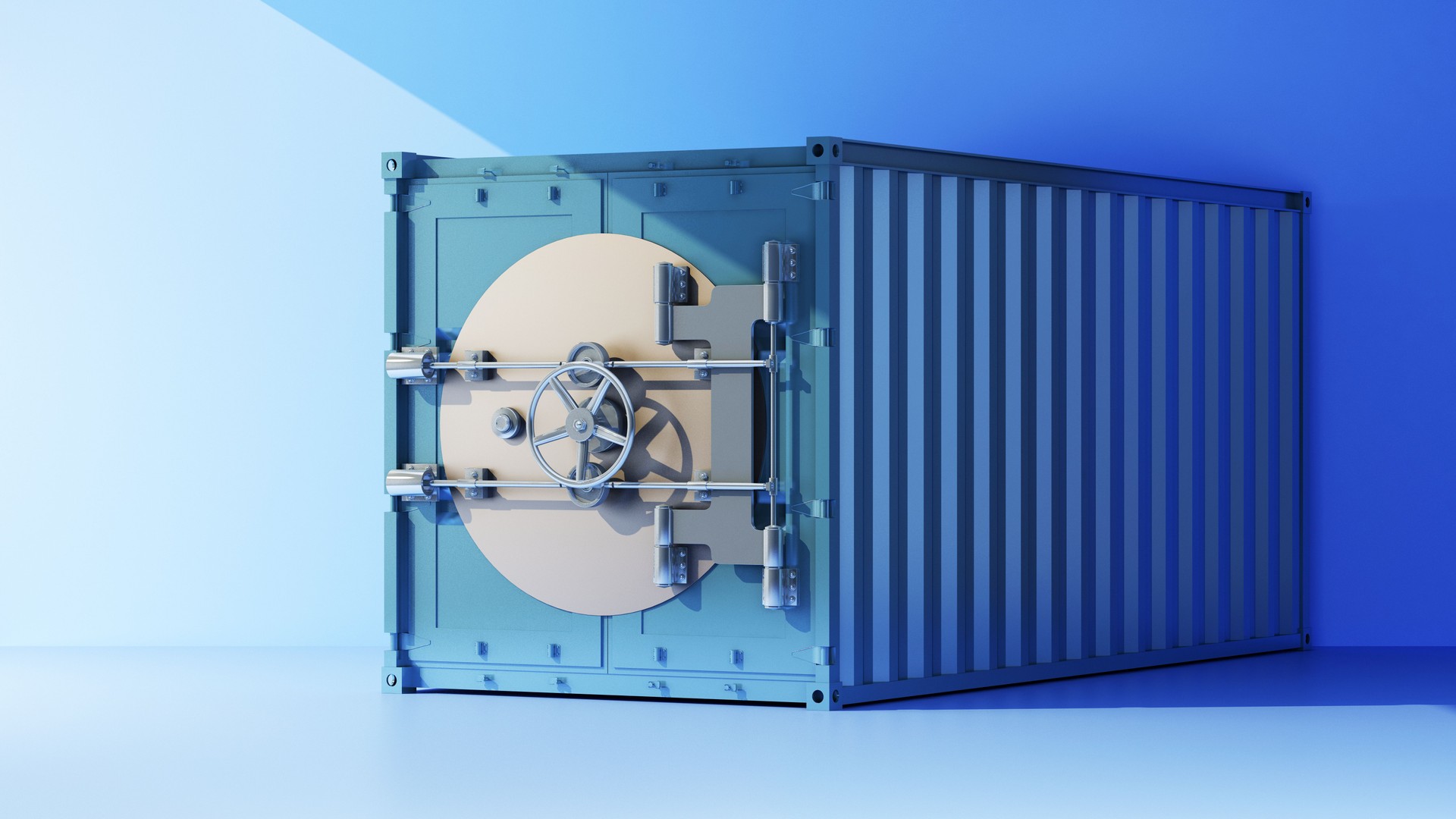 blue shipping container with safe door
