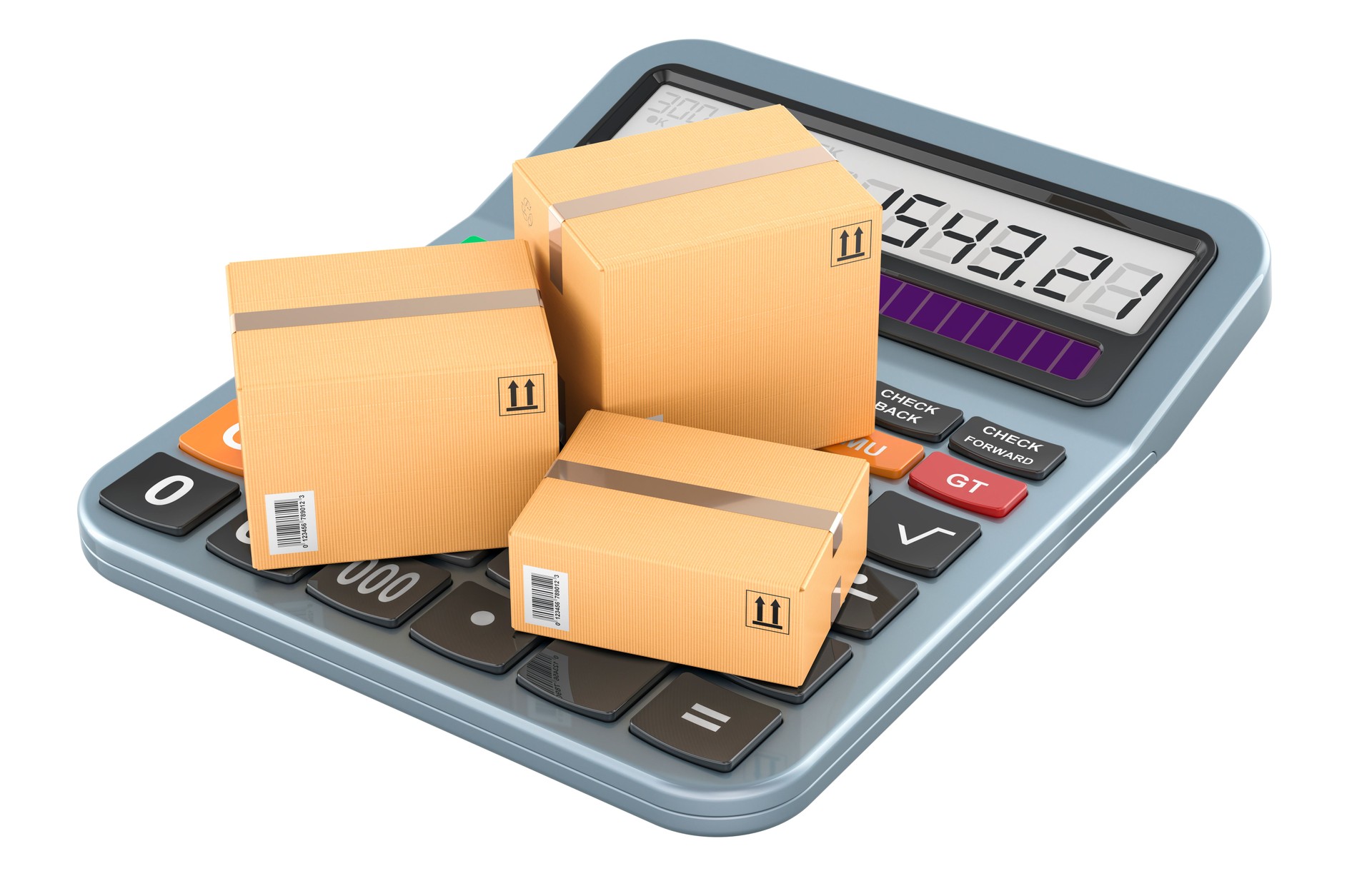 Calculator with parcels. Calculation of shipping, concept. 3D rendering
