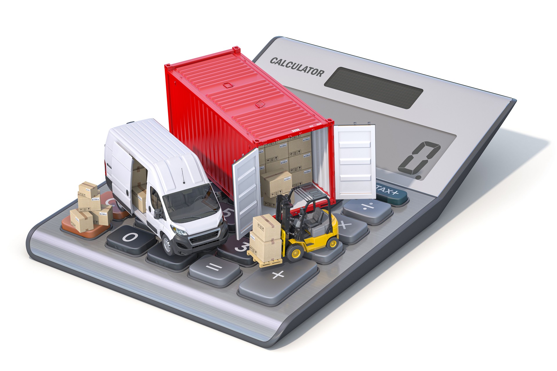 Calculating delivery shipping and transportation costs. Van with cardboard boxes and shipping container on calculator.