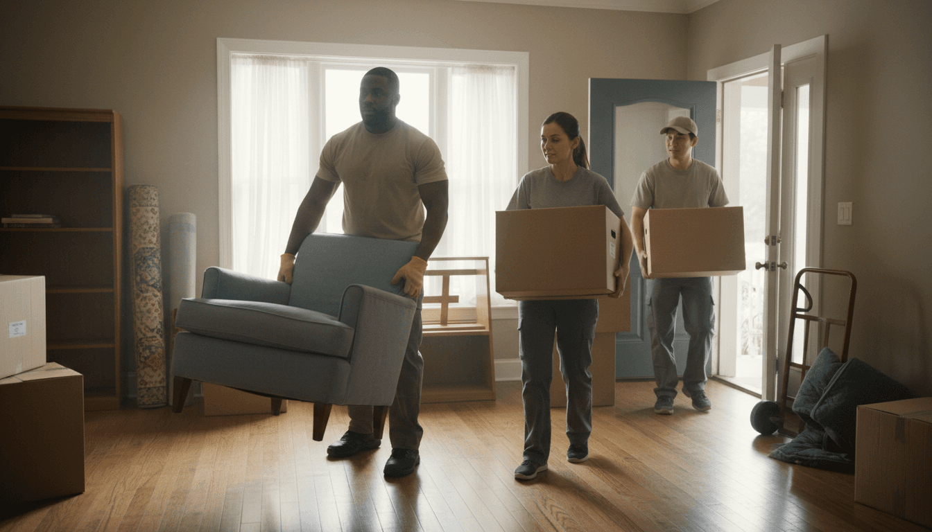 Professional moving team carefully packing household items into cardboard boxes in a bright residential home
