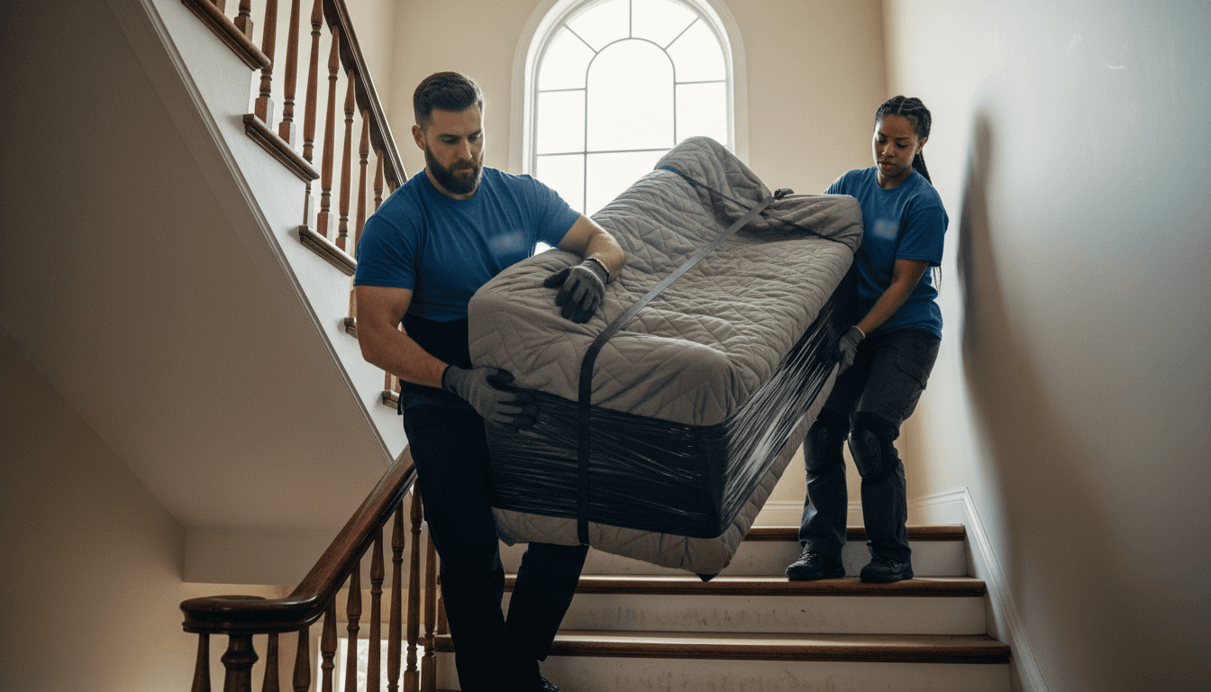 Movers navigating residential furniture through apartment building