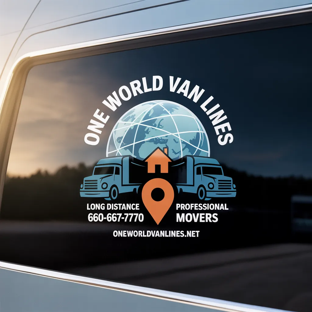 One World Van Lines branded vehicle window decal — Long Distance Professional Movers DFW Texas, (660) 667-7770, oneworldvanlines.net