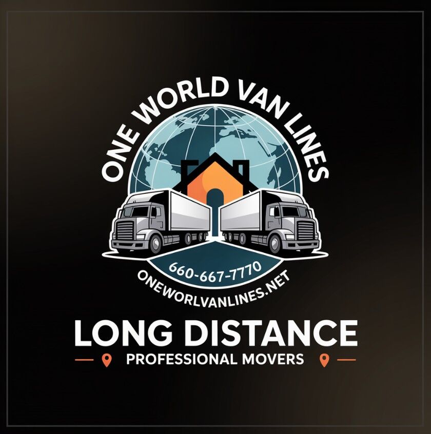 One World Van Lines dark background logo with dual trucks and globe — Long Distance Professional Movers DFW Texas, (660) 667-7770, oneworldvanlines.net