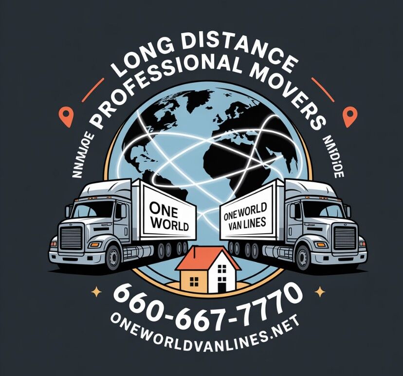 One World Van Lines Long Distance Professional Movers branded logo with two trucks and globe — DFW Texas, (660) 667-7770, oneworldvanlines.net