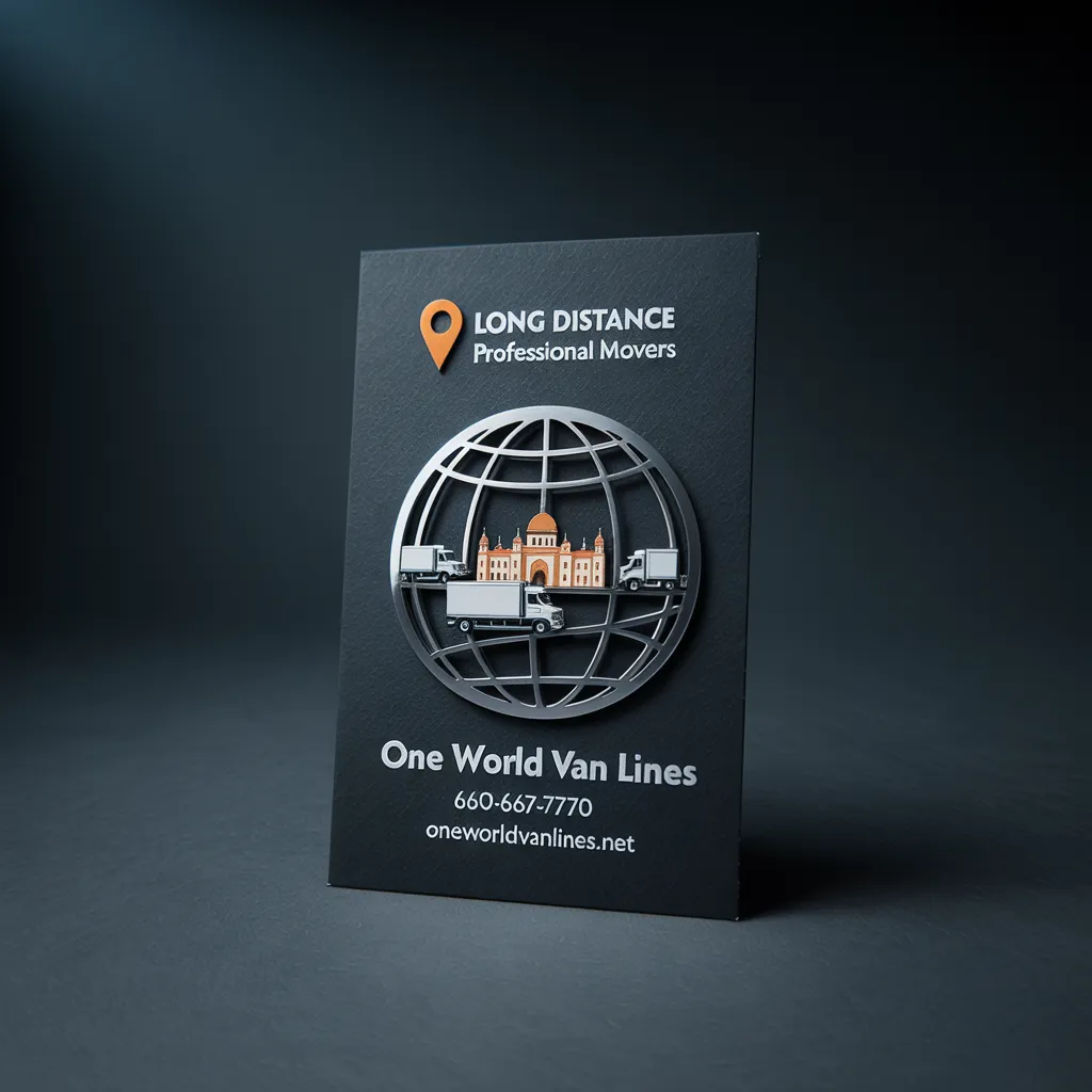 One World Van Lines business card — Long Distance Professional Movers Dallas–Fort Worth Texas, (660) 667-7770, oneworldvanlines.net