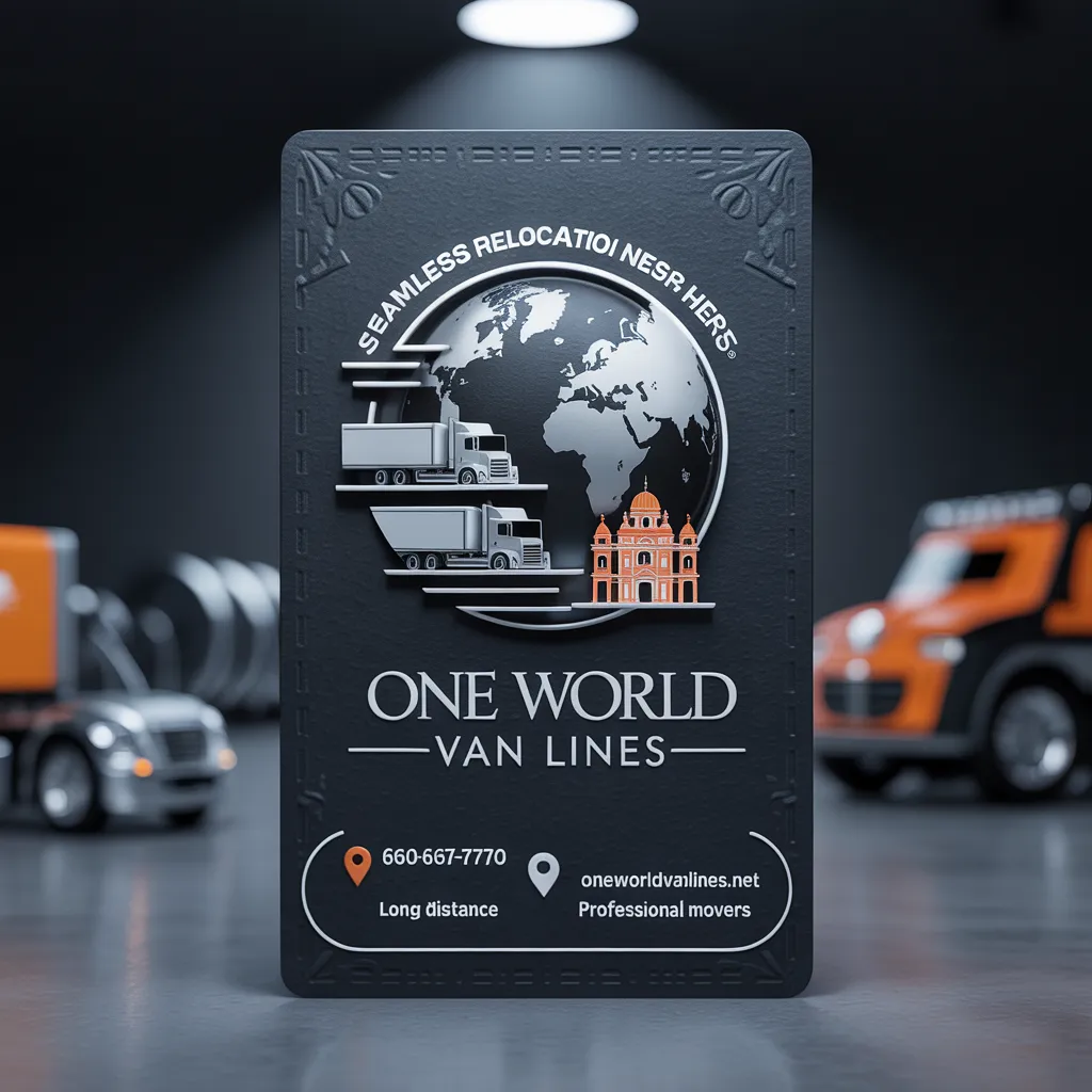 One World Van Lines business card — Seamless Relocation, Long Distance Professional Movers, (660) 667-7770, oneworldvanlines.net, DFW Texas